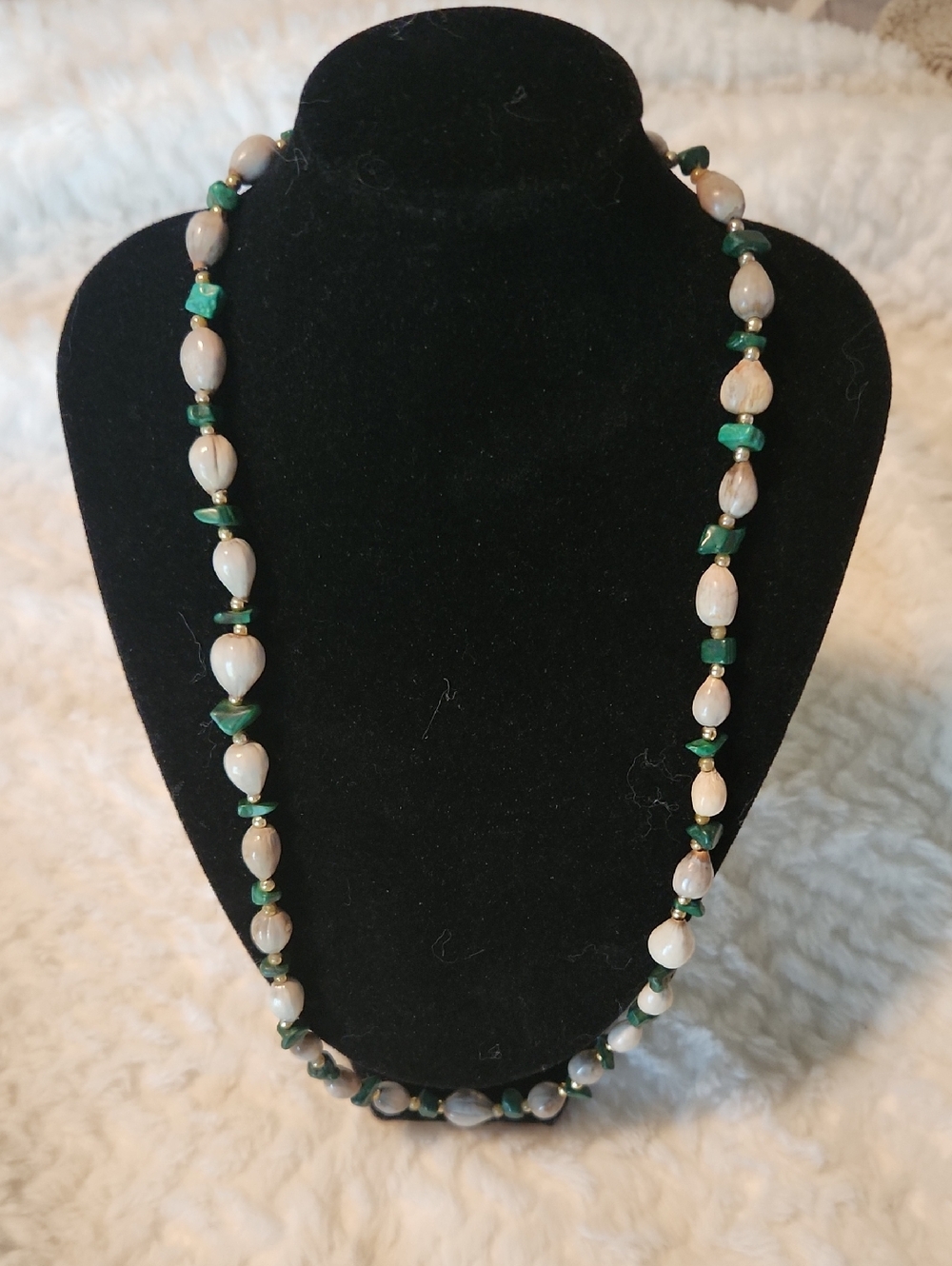 Stone and Green Bead Women's Necklace - Neutral and Green Design Boho Vibe